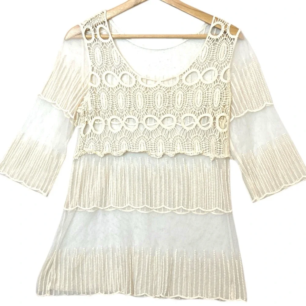 Sheer Bohemian Crochet Lace Tunic Top Women M Ivory Festival Boho Chic Whimsical